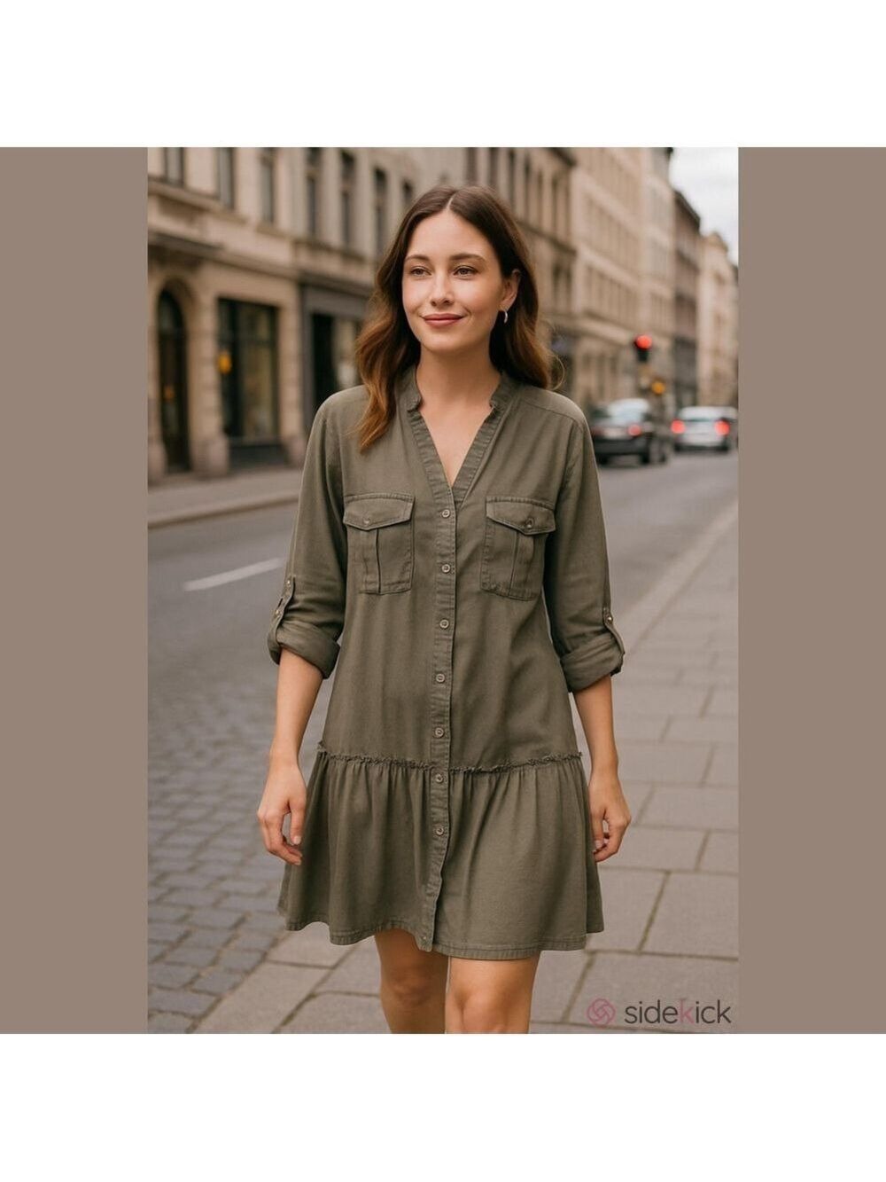Zara Mini Dress With V Neck Mandarin Collar, Khaki  ,Size Medium